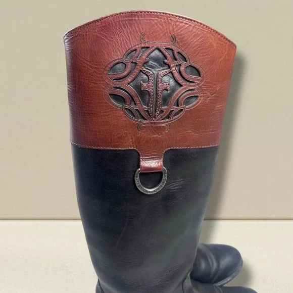 Frye Melissa Logo Black & Brown Leather‎ Knee High Boots 76436 Women's 6.5 B